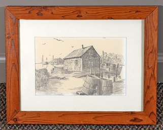 1960's Clifford W. Thurber Pencil Sketch Print - Dock Scene