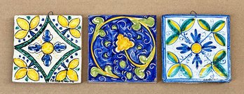 Lot Of 3 Vintage Hand Painted Italian Terracotta Tiles - 3.875' Square