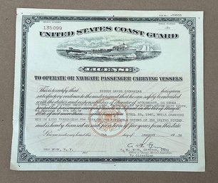 Vintage United States Coast Guard Operator License Certificate