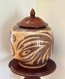 Vintage Theodore Alexander Contemporary Tribal Ceramic Pottery Bowl & Wood Lid