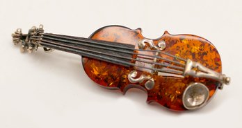 Sterling Silver & Amber Violin Brooch / Pin
