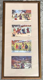 Framed Collection Of 4 Vintage Louis Wain Cat Themed Postcards