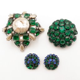 2 Large Vintage Joseph Warner Domed Rhinestone Brooches & Pair Of Earrings