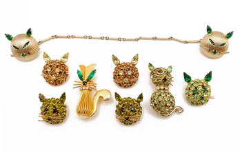 7 Vintage Joseph Warner Rhinestone Cat Brooches And Kitty Cat Collar/Sweater Clips