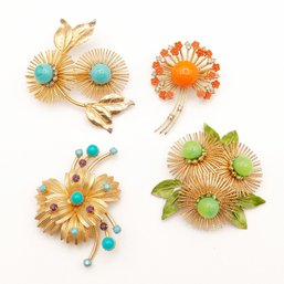 4 Vintage Joseph Warner Large Floral Rhinestone & Enamel Brooches