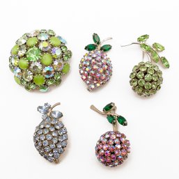 5 Vintage Joseph Warner Rhinestone Brooches - Large Round Dome, Strawberries & Cherries