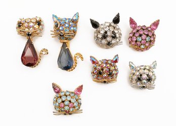 7 Vintage Joseph Warner Rhinestone Kitty Cat Brooches