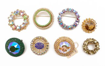 8 Vintage Joseph Warner Rhinestone Wreath & Round Brooches - Nixon Lodge