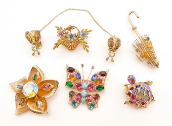 5 Vintage Joseph Warner Rhinestone & Enamel Brooches And Bee Collar/Sweater Clips - Butterfly, Turtle