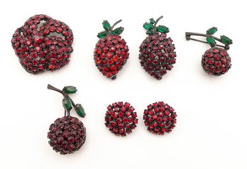 5 Vintage Joseph Warner Rhinestone Brooches And Pair Of Austrian Earrings - Strawberries & Cherries