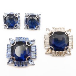 2 Large Vintage Joseph Warner Blue Rhinestone Brooches With Matching Pair Of Earrings