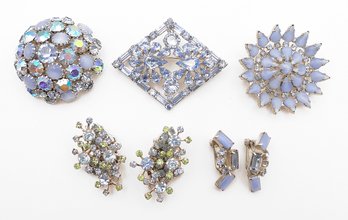 3 Large Vintage Joseph Warner Rhinestone Brooches With 2 Pairs Of Earrings