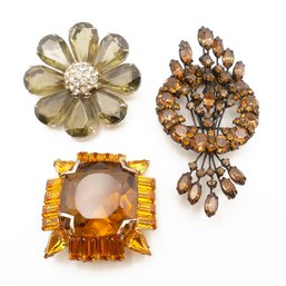 3 Large Vintage Joseph Warner Brooches W/Rhinestones - Floral & Geometric Amber