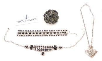 Vintage Joseph Warner & Kramer NY Rhinestone Jewelry Lot - Large Domed Floral Brooch, 2 Necklaces & Bracelet