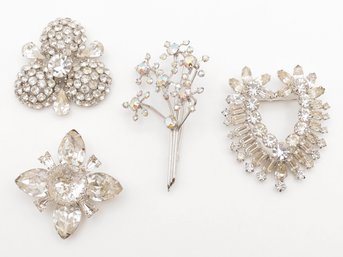 4 Vintage Joseph Warner Large Clear Rhinestone Brooches - Heart, Floral Boquet