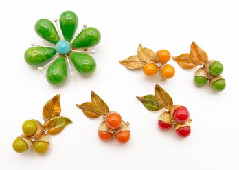 6 Vintage Joseph Warner Large Floral & Berries W/Enamel Leaves & Rhinestones Brooches