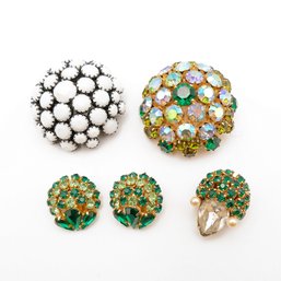 3 Vintage Joseph Warner Rhinestone Brooches & Pair Of Earrings