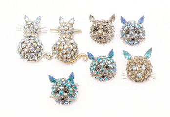 7 Vintage Joseph Warner Rhinestone Kitty Cat Brooches