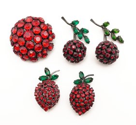5 Vintage Joseph Warner Rhinestone Brooches - Strawberries, Cherries, & Large Dome