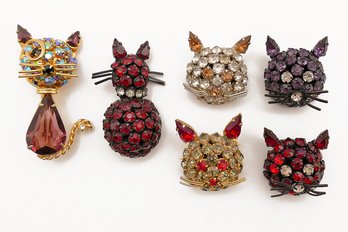 6 Vintage Joseph Warner Rhinestone Kitty Cat Brooches