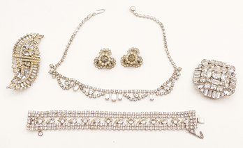 Vintage Joseph Warner & Joseph Wiesner Jewelry - 2 Large Rhinestone Brooches, Necklace, Bracelet & Earrings