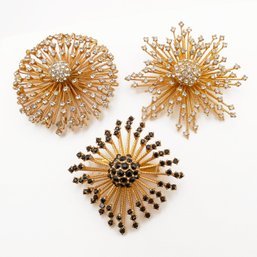 3 Large Vintage Joseph Warner Rhinestone Starburst Brooches