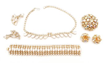Vintage Joseph Warner Rhinestone Jewelry Lot - Large Domed Brooch, Necklace, Bracelet & 2 Pairs Of Earrings