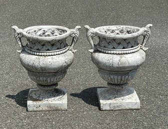 Pair Of Venezia Weave Firestone Urns / Planters - In A Distressed White Moss Finish ($660)