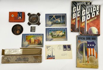 1939/1940 NY World's Fair Lot - Vita-Glas Knife, Playing Cards, 3 Guides, Postcards, Medallion, Coin Tray