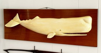 Carved White Pine Wood Whale Carving On Mahogany (Tony Viehmann, Maine)