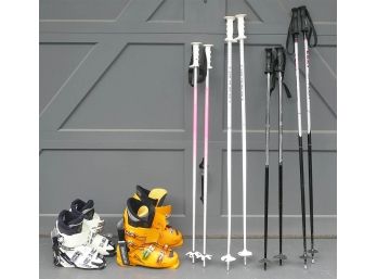 2 Pairs Of Ski Boots (Mens Salomon 11.5 / Women's Rossignol 7.5) & 4 Pairs Of Ski Poles