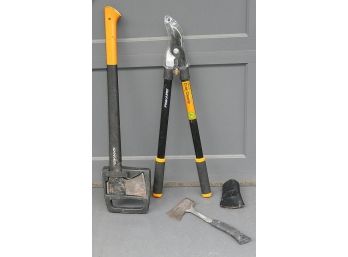 Outdoor Tree/Shrub Tools: Fiskars Axe, Fiskars Clippers, And Craftsman Hatchet