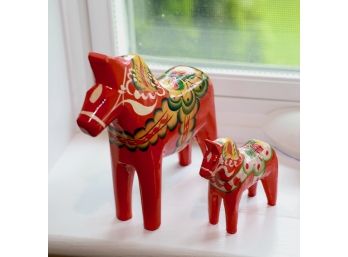 Vintage Pair Of Swedish Dala Horses - 5.25' & 3'