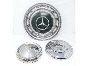 3 Vintage Auto Hubcaps - Mercedes Benz, Jaguar, Ford - 1940's-1980's