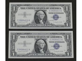 Pair Of 1957A $1 Bill Silver Certificates - In Crisp Uncirculated Condition - Consecutive Serial Numbers