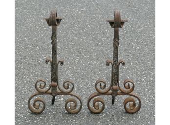 Pair Of Antique French Hand-Forged Wrought Iron Andirons