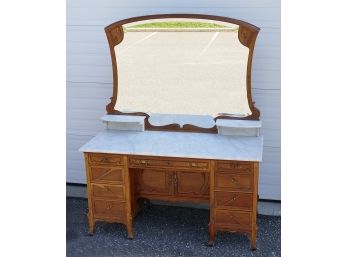 Antique Art Nouveau Carved Wood & Marble Dressing Table