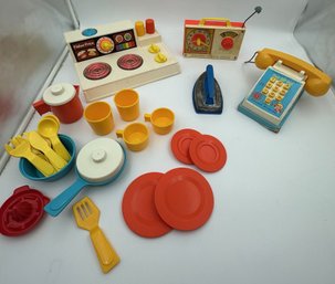Vintage Fisher Price Kitchen, Pop-up Pal Phone, And Alarm Clock