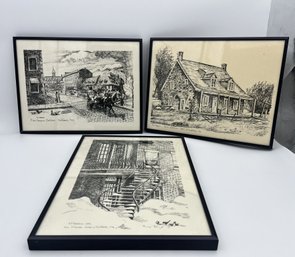 Qty: 3 Framed A.J. Maurius 1970's Ink Drawings
