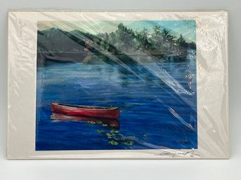 ART - Flat Canvas Abstract Painting Of Red Canoe On Water With Lilly Pads.