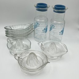 Vintage Glass Juicers, Pitchers, And Ice Cream Dishes