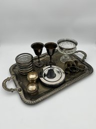 Vintage Silver Plated Service Tray With Various Accoutrements.