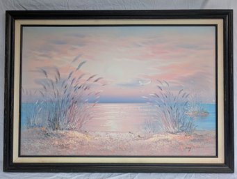 Large Pink And Blue Beach Oil Painting