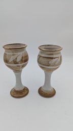 2 Vintage Studio Glaze Pottery Wine Gobblets