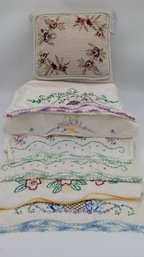 Collection Of Needlepoint Accent Pillow + Embroidered Pillow Cases