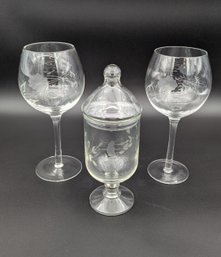 Princess House Heritage Crystal Pedestal Etched Glass Candy Jar + Glasses