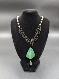 Sea Blue/Green Chalcedony Pendant On Sterling Silver Chain With Pearl Beading