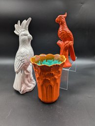 Stangl Pottery Fiesta Vase,  Circa 1912 With Complimentary Porcelain Parrot Figurines.