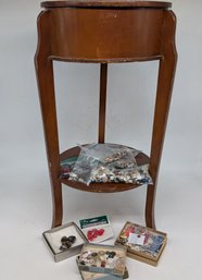 Vintage Wooden Sewing Box Table With Antique Button Collection