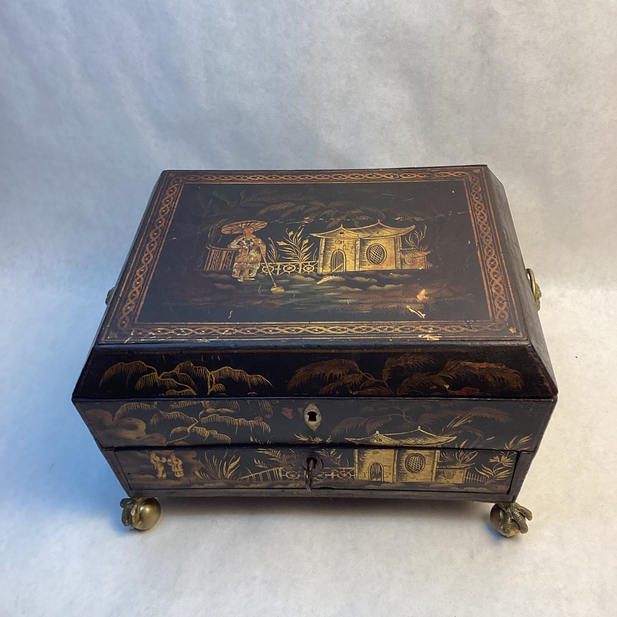 Antique Asian Sewing Box W/ Brass Ball/claw Feet And Bonemother Of ...